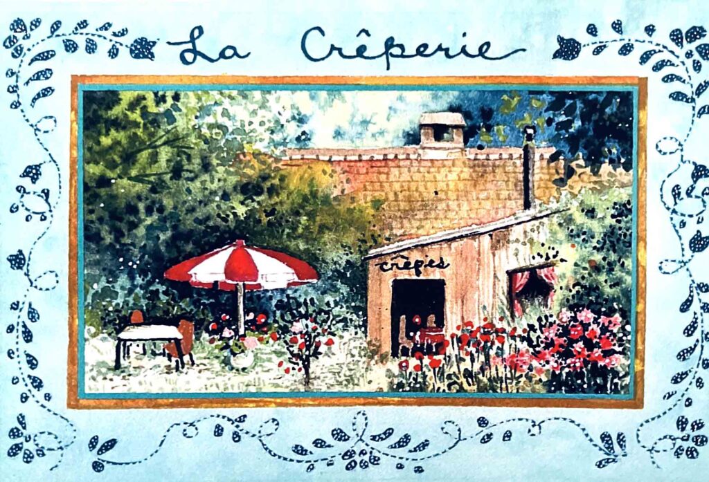 painting of an outdoor restaurant serving crepes