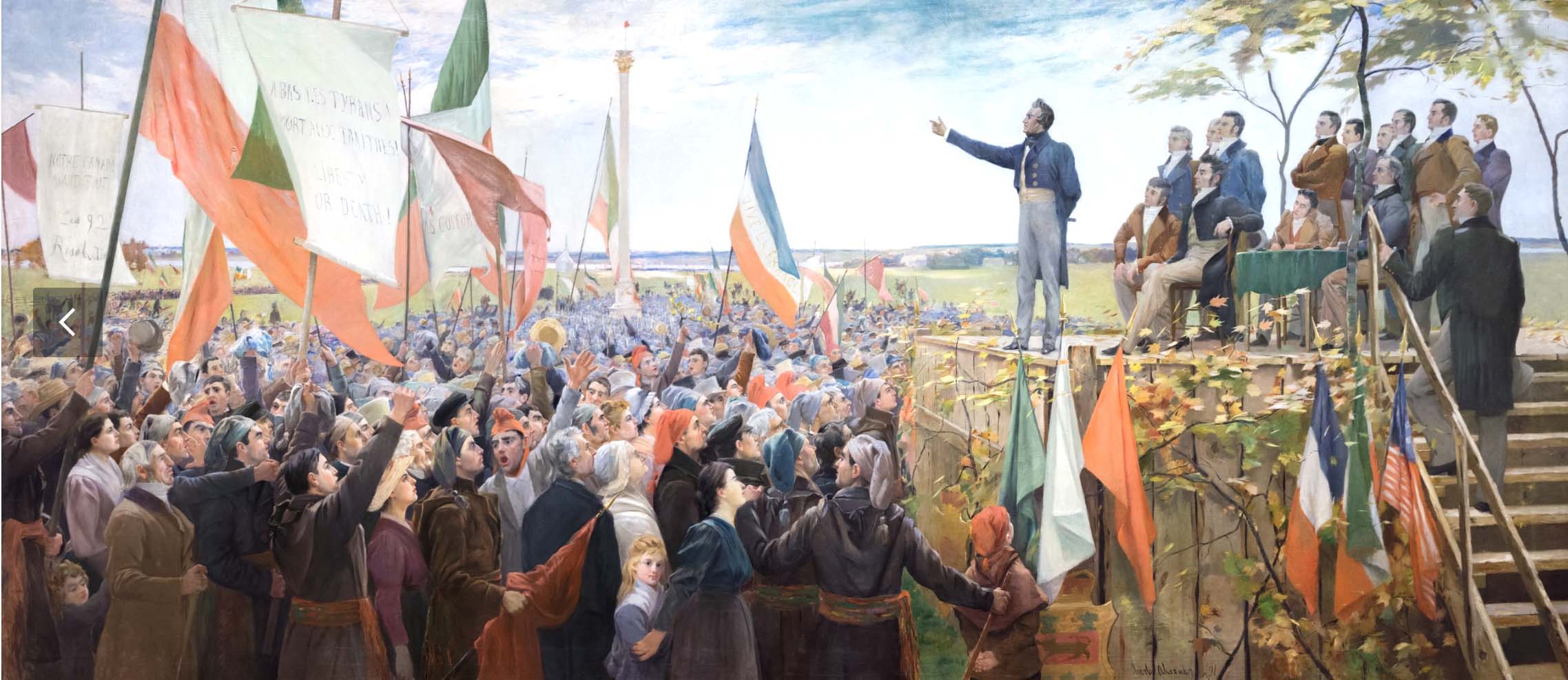 Painting of an orator before a crowd of rebels holding flags